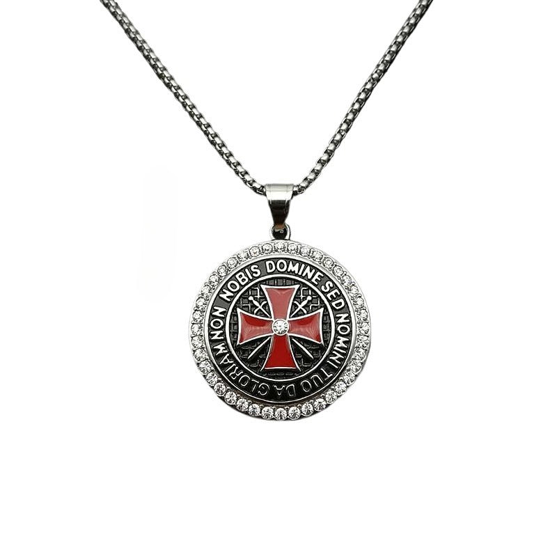 Planderful Knights Templar Pendant Necklace Bold Gold Plated Zircon for Hip Hop Fashion Fans