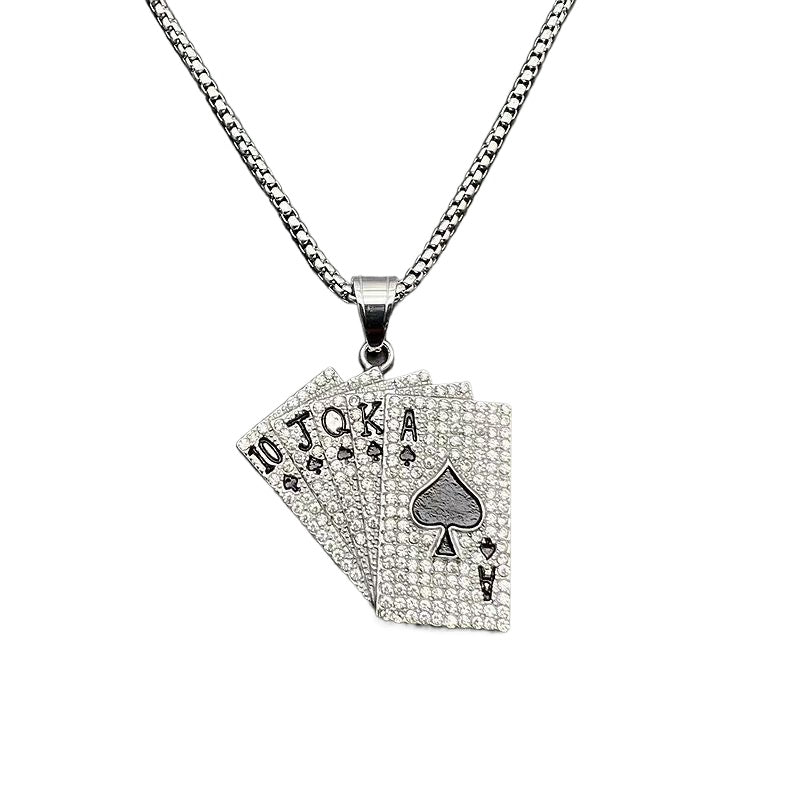 Planderful Everyday Genie Hip Hop Jewelry Titanium Steel Gold Plated Rhinestone Playing Card Necklace For Hip Hop Fans