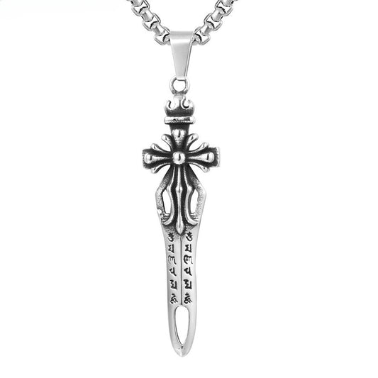 Inscription Cross Flower Sword Titanium Steel Necklace for Men