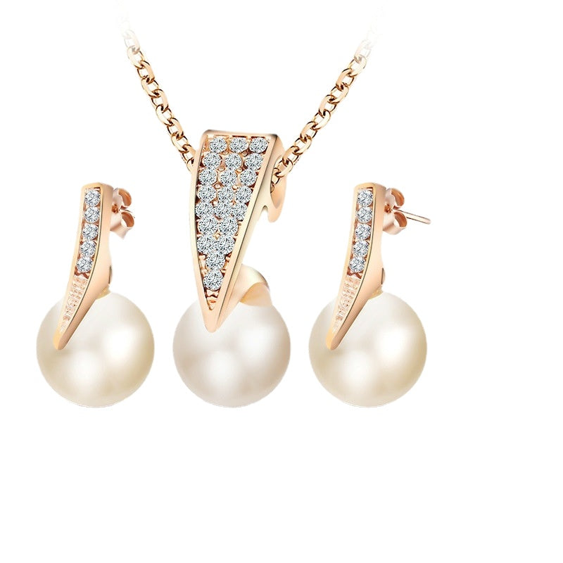 Elegant Water Droplet Pearl and Rhinestone Bridal Necklace Set