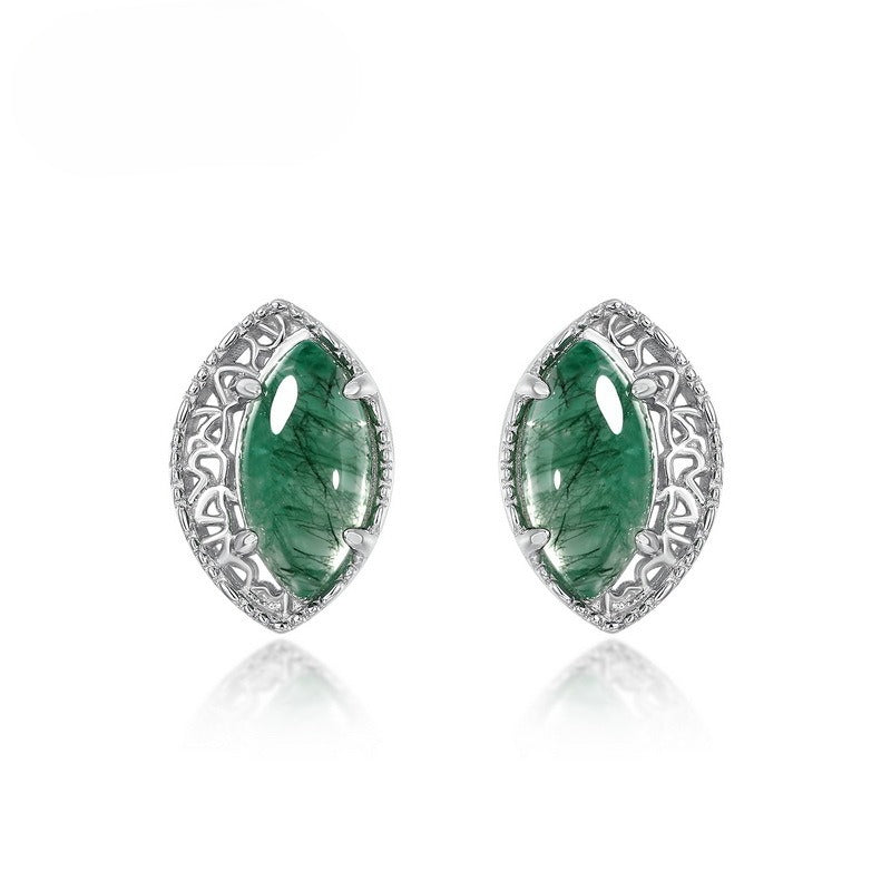 S925 Sterling Silver Gold-Plated Moss Agate Marquise Stud Earrings