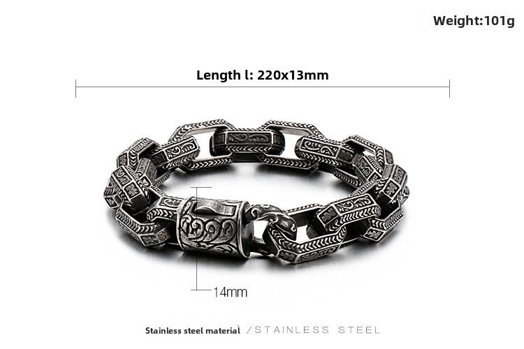 Antique Square Buddha Head Titanium Steel Men's Bracelet