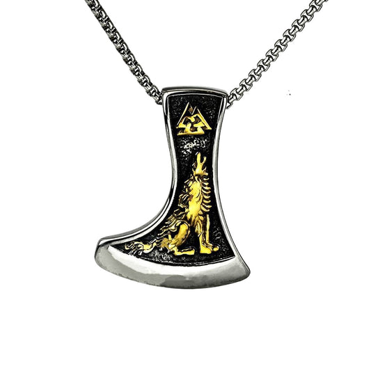 Planderful Viking Pendant For Men Bold Stainless Steel Norse Axe Wolf Raven Double Sided Necklace
