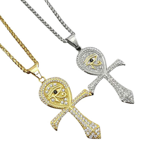 Planderful Everyday Genie Hip Hop Necklace Eye of Horus Ankh Pendant Gold Plated Zircon Titanium Steel For Men