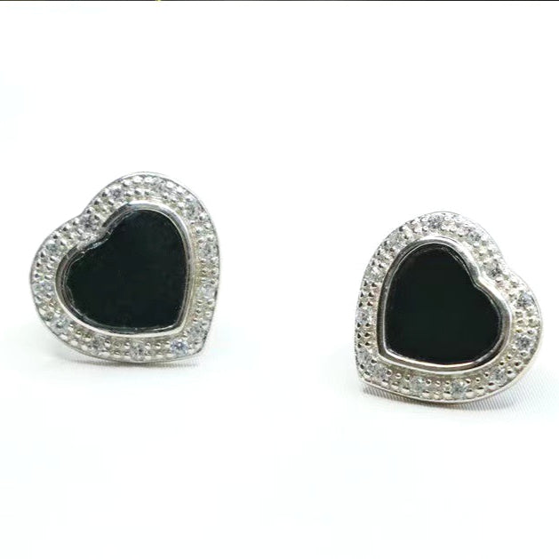 Dark Jadeite Heart 925 Silver Stud Earrings