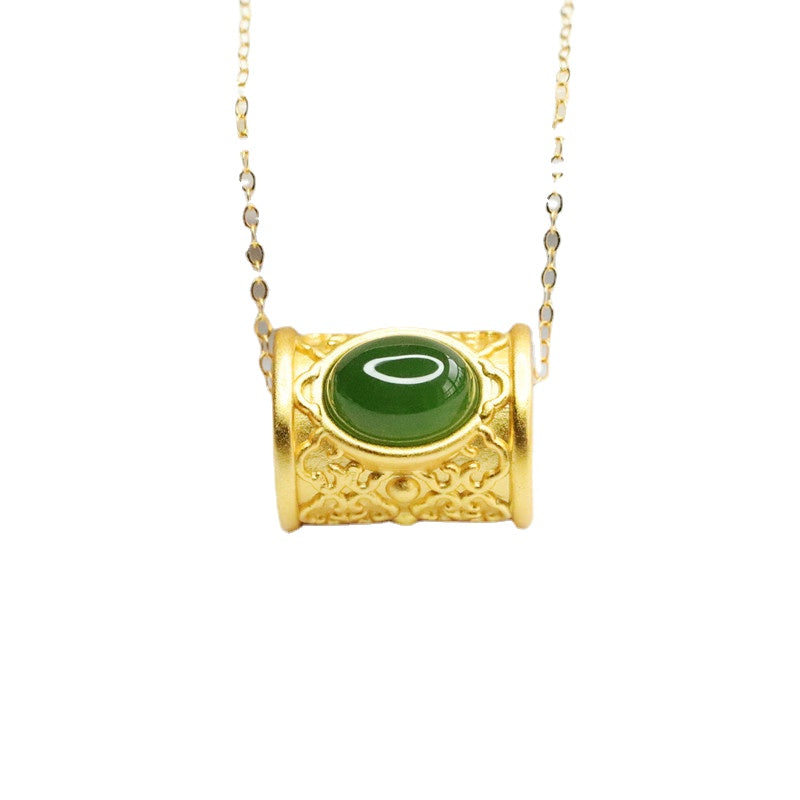 Sterling Silver Oval Hetian Jade Jasper Bead Necklace with Golden Bucket Detail