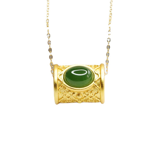Sterling Silver Oval Hetian Jade Jasper Bead Necklace with Golden Bucket Detail