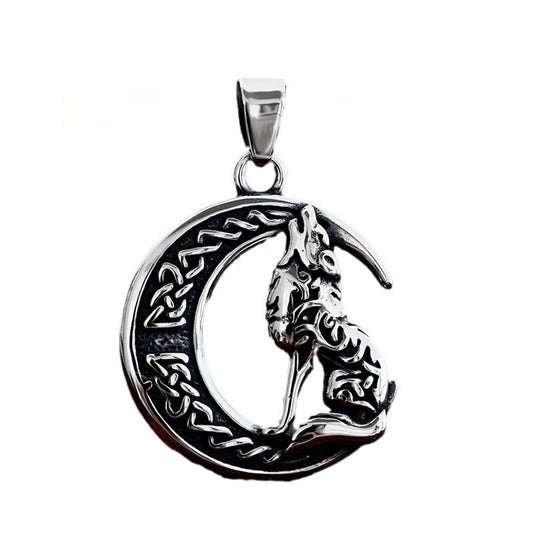 Norse-Inspired Titanium Steel Moon Wolf Pendant for Men - Wholesale Viking Celtic Knot Design