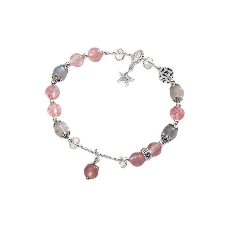 Strawberry Crystal Sterling Silver Bracelet with Stars and Moon Design
