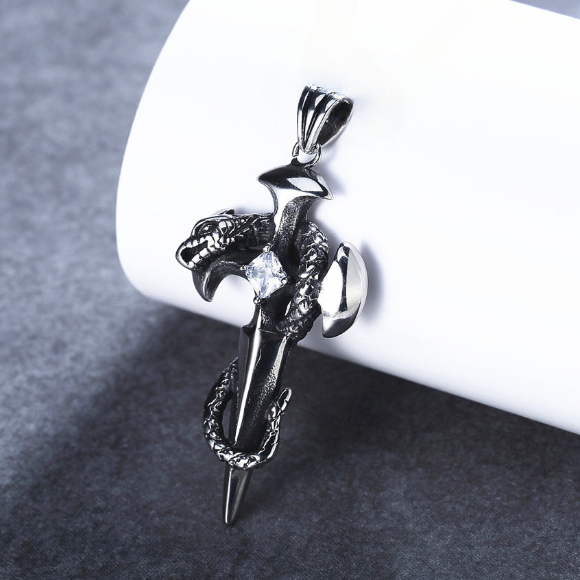 Vintage Snake Cross Sword Zircon Titanium Steel Pendant for Men