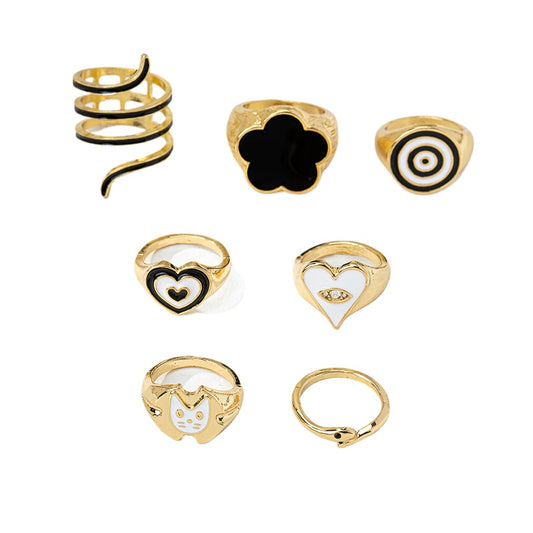 Stylish Metal Clover Love Snake Cat Ring Set for Women