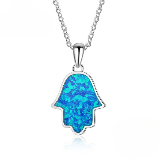 Planderful Jewelry Sterling Silver Blue Opal Palm Necklace For Women Elegant Everyday Accessory