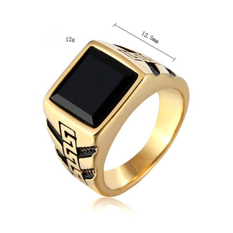 Titanium Steel Ring With Great Wall Pattern Black Stone For Men Unisex Protection Statement By Planderful Everyday Genie