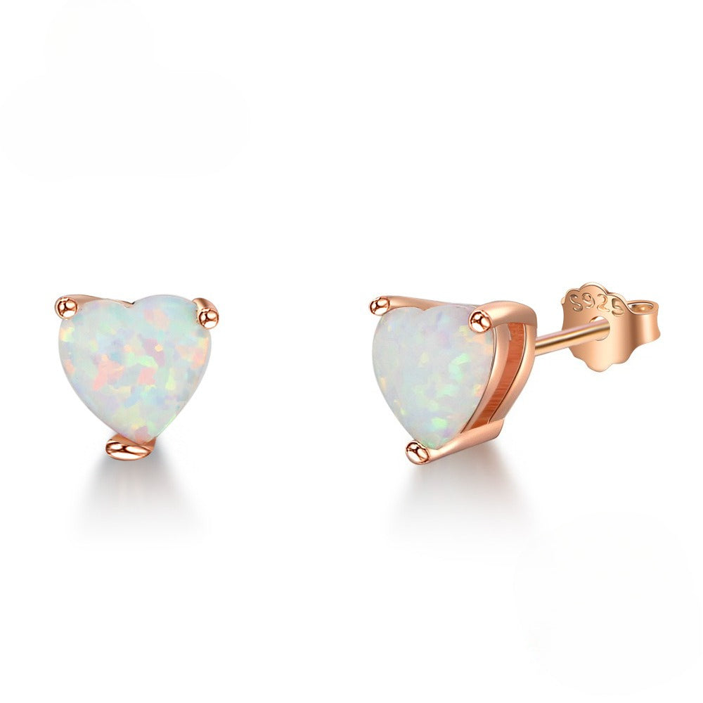 Planderful Jewelry Opal Heart Sterling Silver Stud Earrings With Rose Gold Accent