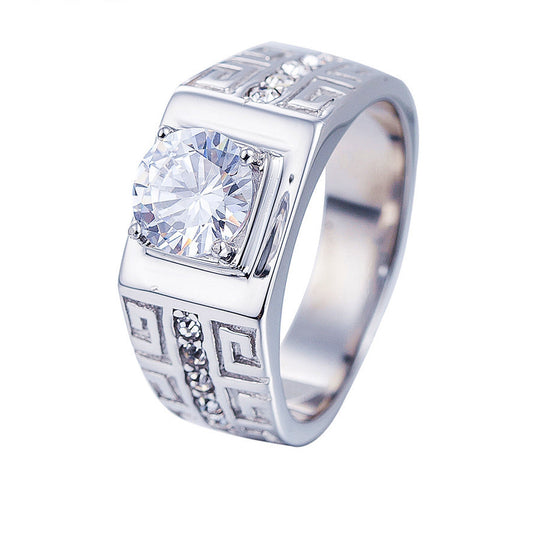 Men's Titanium Steel Zircon Wedding Ring with Great Wall Pattern