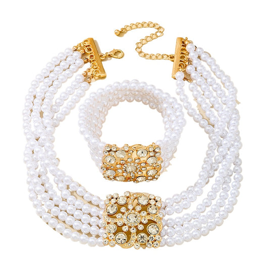 Planderful Vienna Verve Jewelry Set – Elegant Metal Stacked Imitation Pearl Design