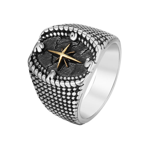 Cross Star Compass Titanium Steel Ring for Men