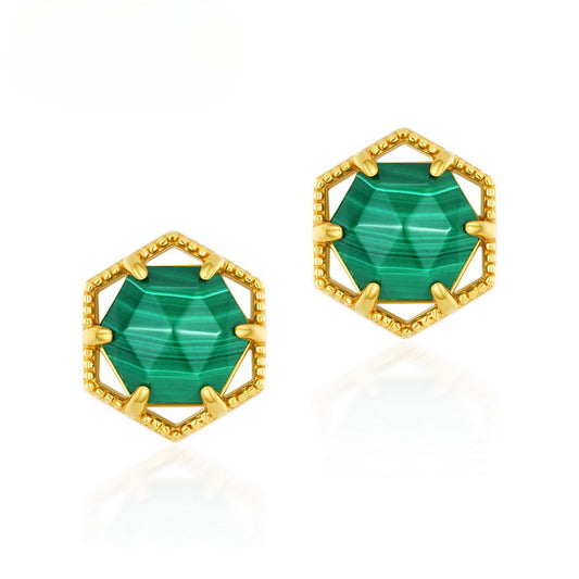 Hexagonal Malachite Sterling Silver Stud Earrings