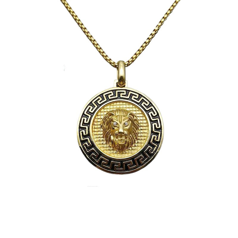 Planderful Everyday Genie Titanium Steel Gold Plated Zircon Lion Head Pendant Necklace for Men