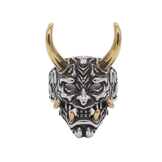Halloween Long Horned Devil Skull Titanium Steel Ring for Men