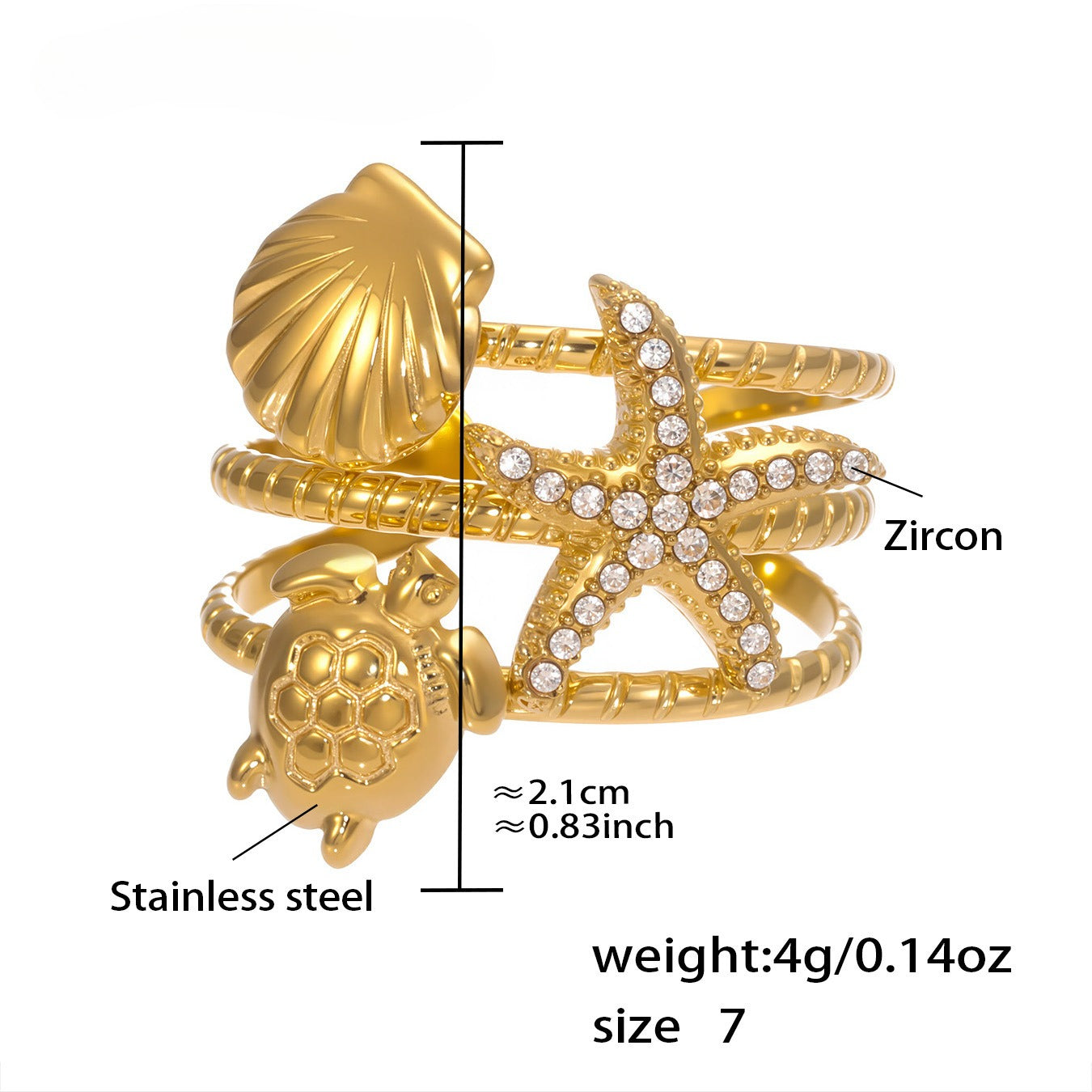 Planderful Ocean Zircon Shell Ring 18K Gold Plated Lovers