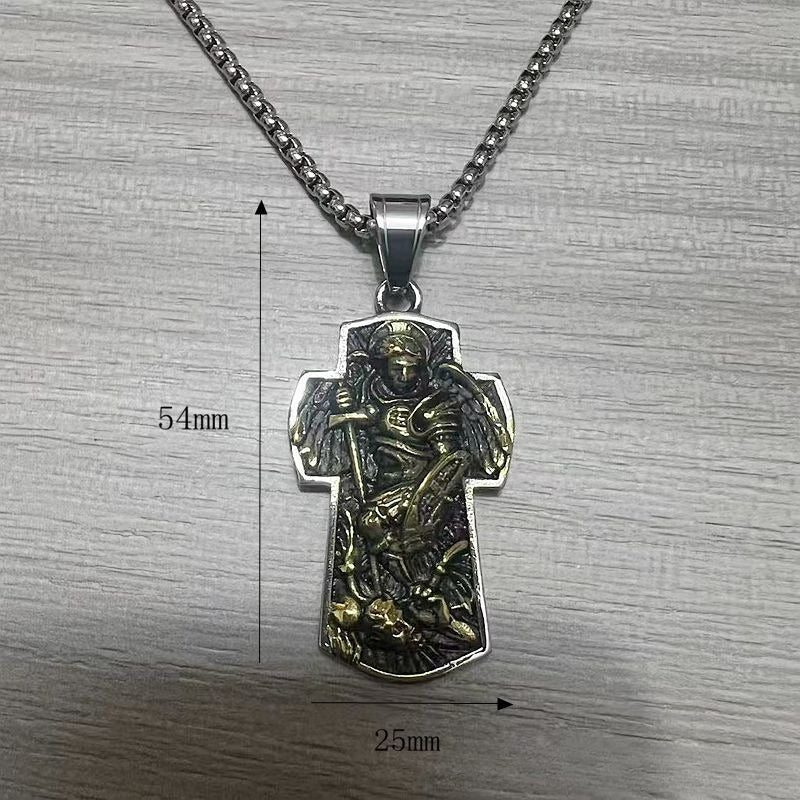 Archangel Michael Cross Necklace Unisex Stainless Steel Gold Plated Pendant Planderful Everyday Genie