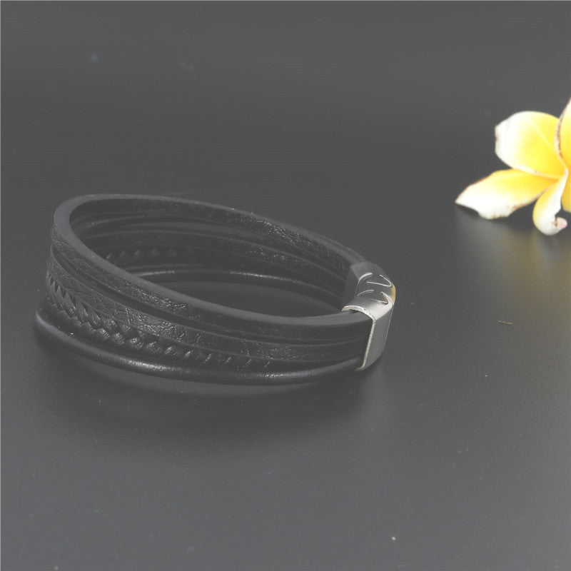 Titanium Steel Five-Ring Leather Bracelet: A Stylish Fusion of Japanese and Korean Fashion for Men