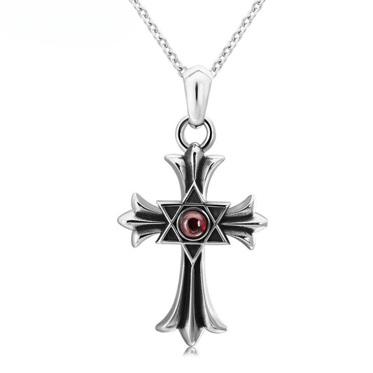 Six Pointed Star Cross Flower Crystal Titanium Necklace for Men