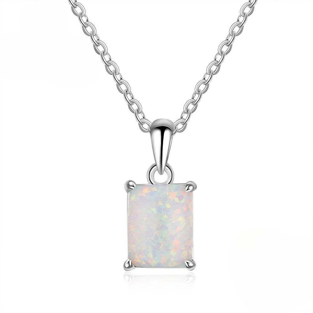 Planderful Jewelry Opal Rectangle Pendant Necklace In Sterling Silver Elegant Minimalist Design
