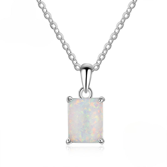 Planderful Jewelry Opal Rectangle Pendant Necklace In Sterling Silver Elegant Minimalist Design