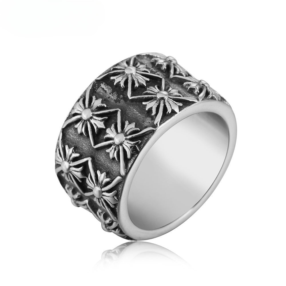 Double Row Cross Flower Wide Titanium Steel Ring for Men