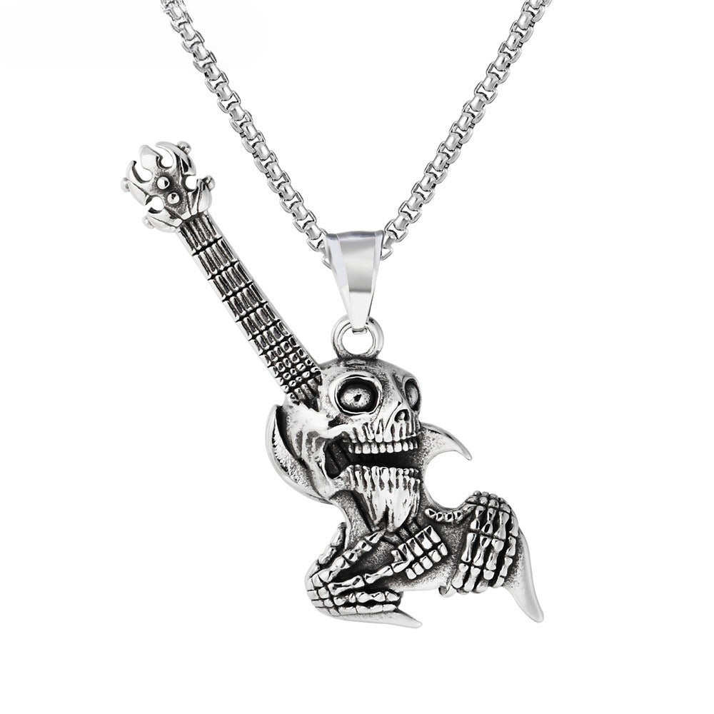 Rock Guitar Skull Titanium Steel Pendant Necklace