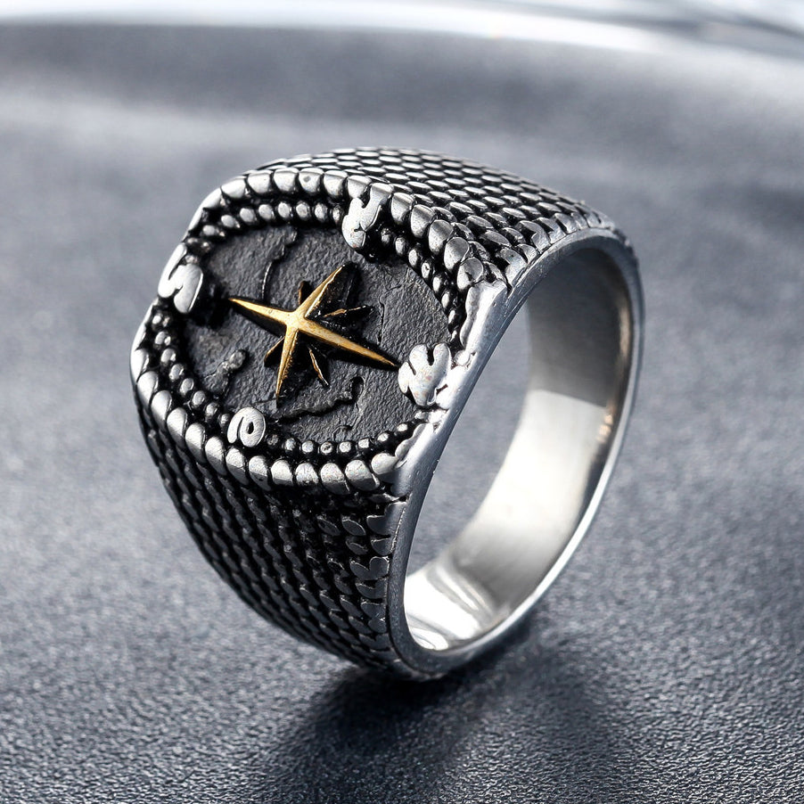 Cross Star Compass Titanium Steel Ring for Men