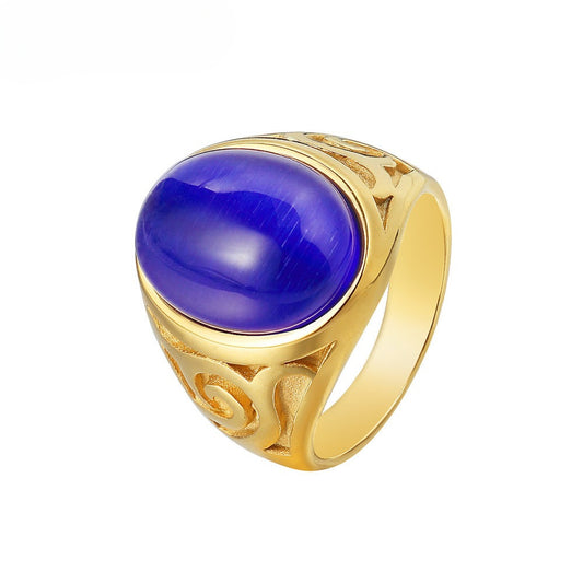 Planderful Gold Plated Bluestone Ring Unisex Titanium Steel Protection Statement Jewelry