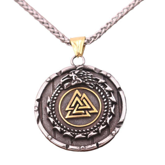 Viking Dragon Odin Men's Stainless Steel Necklace with Gold Pendant
