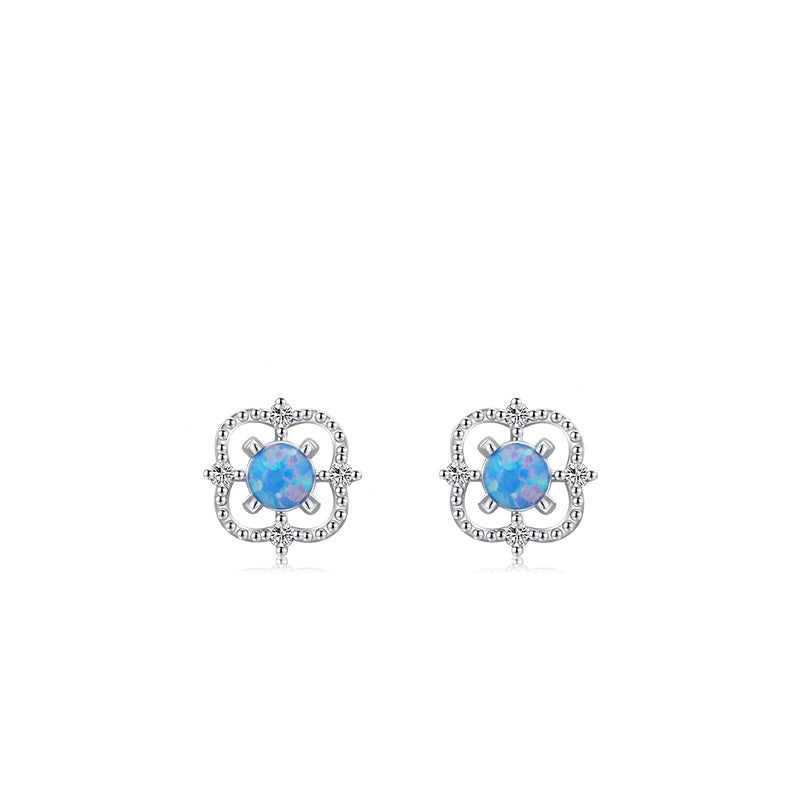 Square Opal and Zircon Sterling Silver Earrings