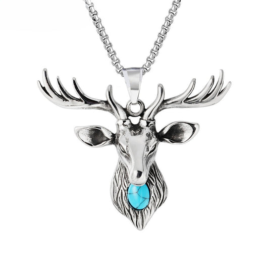 Planderful Personalized Vintage Christmas Elk Turquoise Titanium Steel Pendant Necklace Unisex Protection Statement Gift