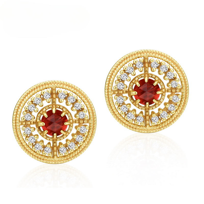 Zircon Disc Round Natural Red Garnet Sterling Silver Stud Earrings