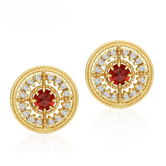 Zircon Disc Round Natural Red Garnet Sterling Silver Stud Earrings