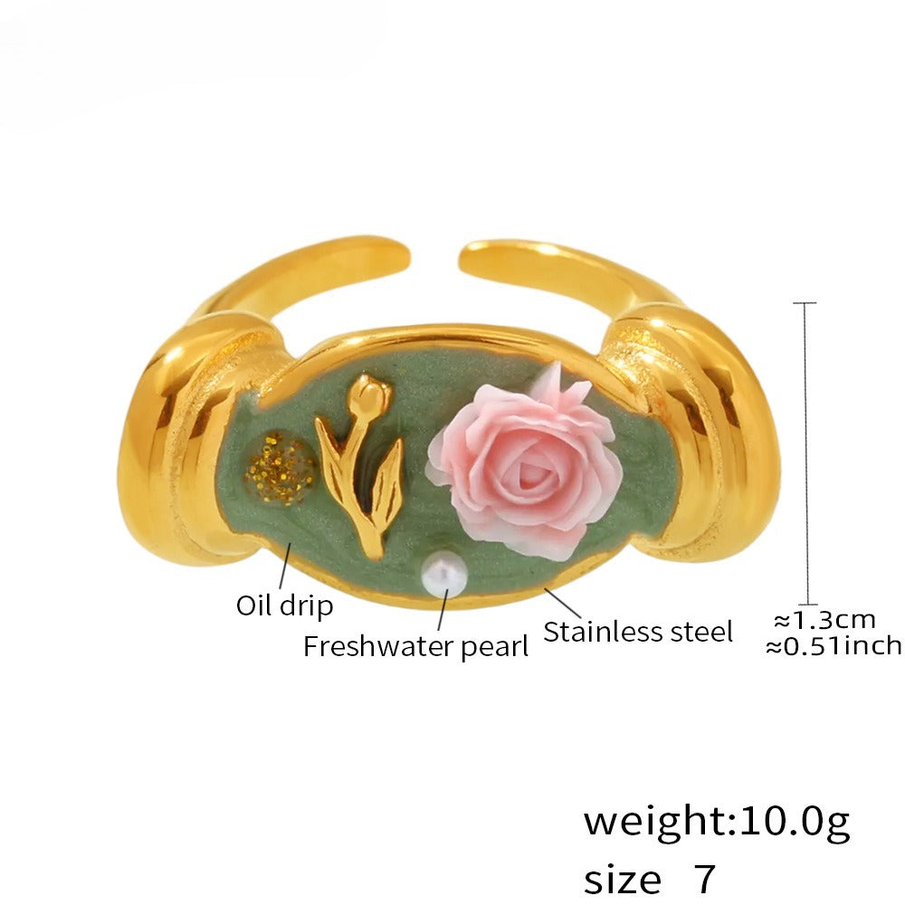 Planderful Pearl Embossed Stainless Steel Ring Size 7 Women