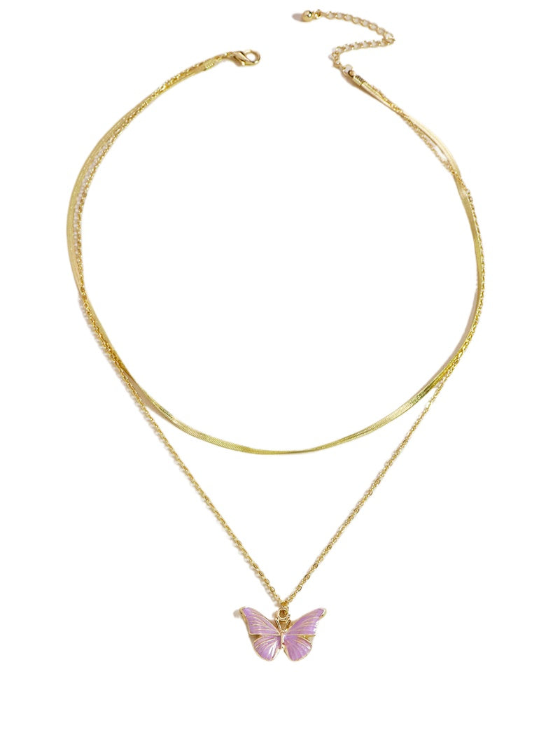 Butterfly Charm Double Layer Pink Necklace - Elegant Fashion Jewelry