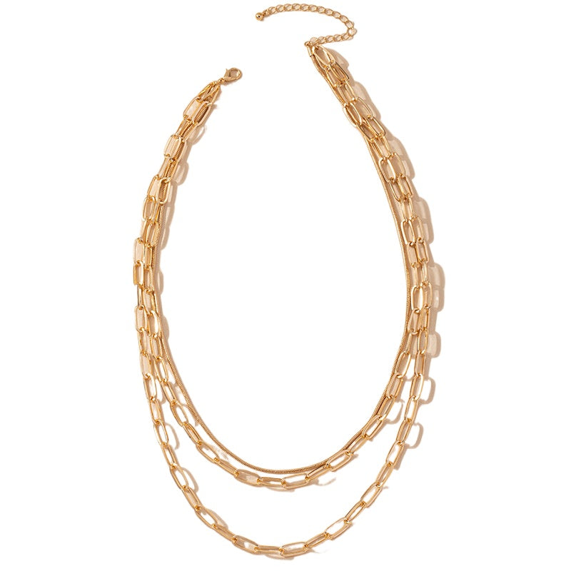 Exaggerated Triple-Layer Chain Necklace with Cuban Link - Hip-Hop Clavicle Chain