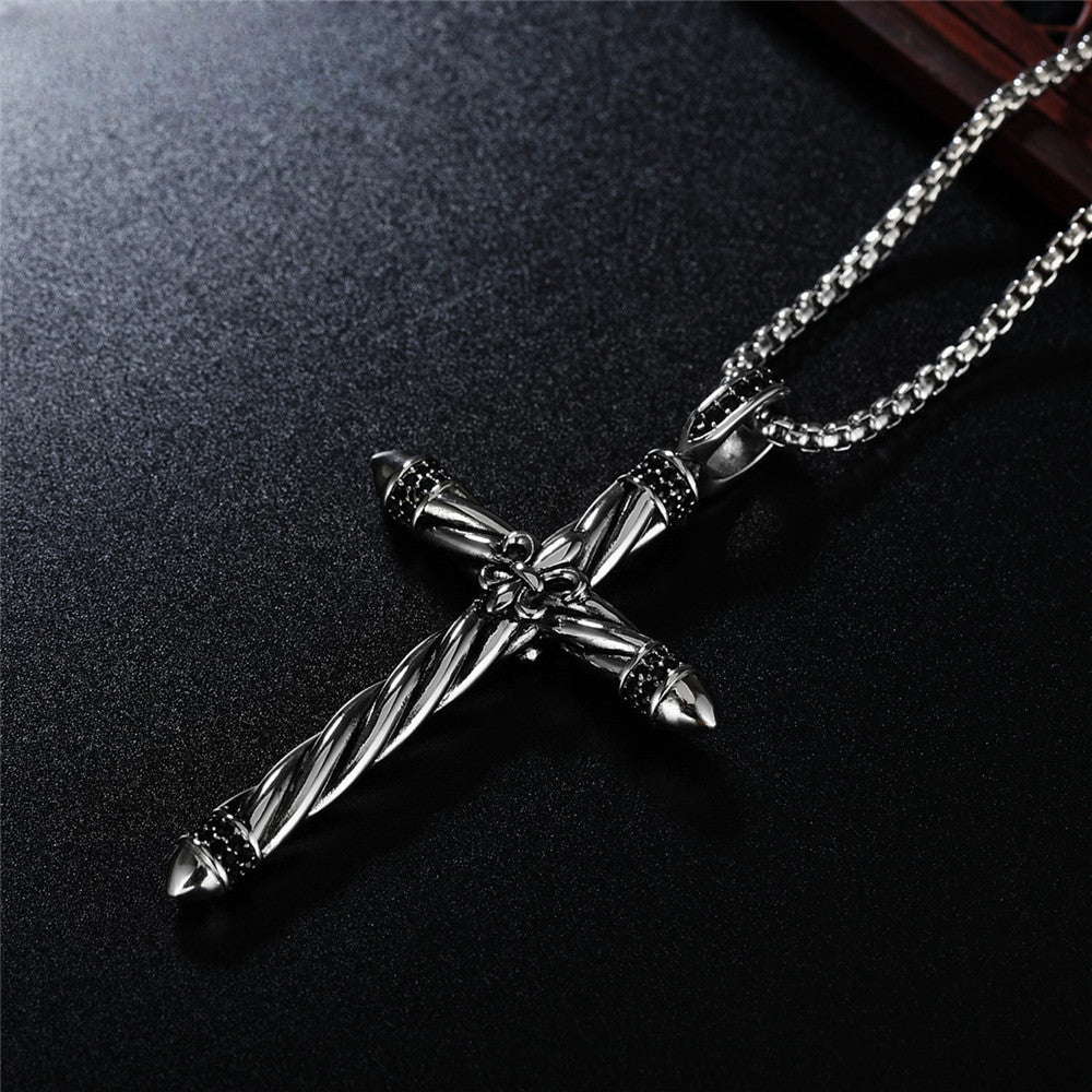 Spiricle Latin Cross Childern Flower Zircon Titanium Steel Necklace for Men