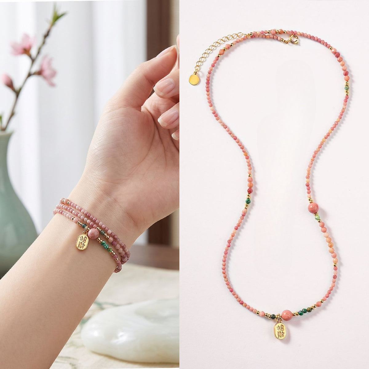 Rhodochrosite Round Bead Convertible Necklace & Bracelet