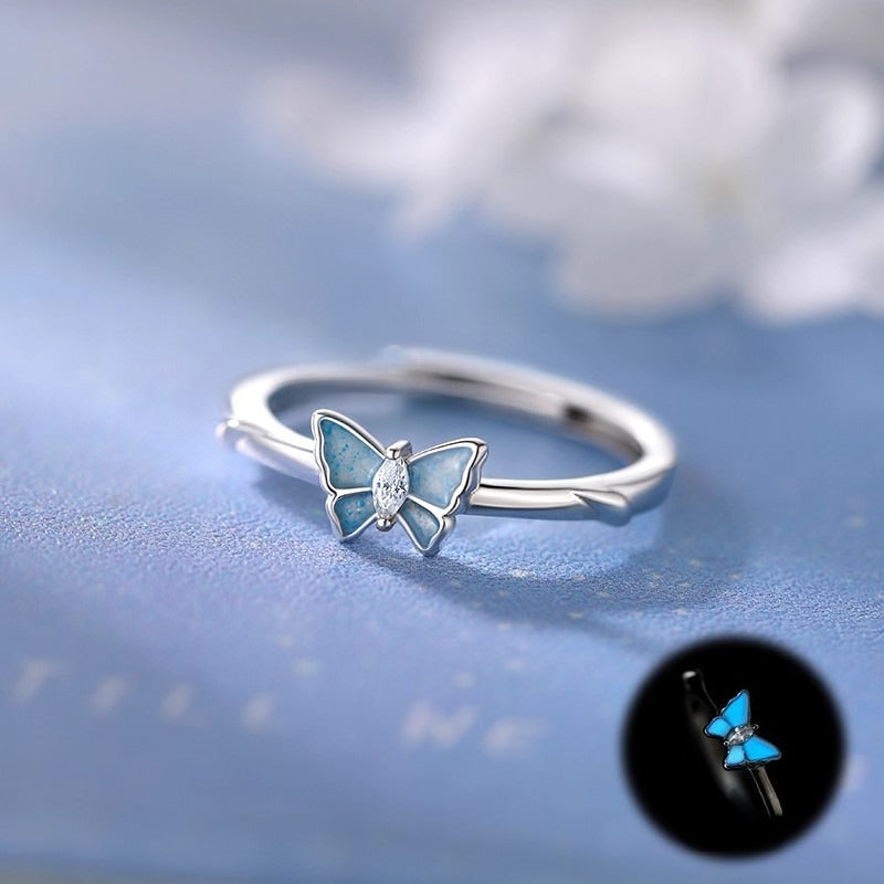 Planderful Sterling Silver Fluorescent Butterfly Ring Open Adjustable For Women