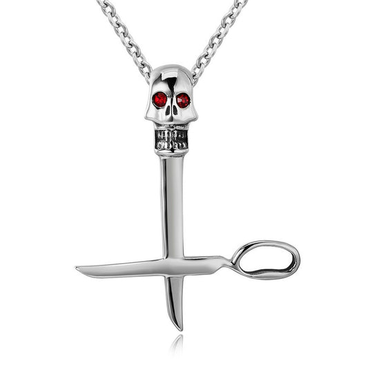 Halloween Skull Cross Scissors Zircon Titanium Steel Necklace for Men