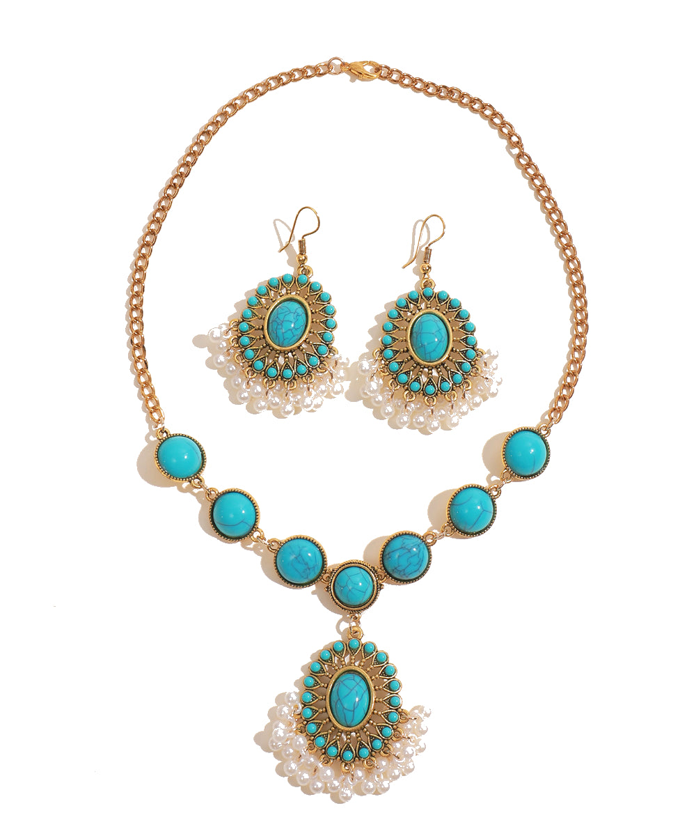Savanna Rhythms Ethnic Turquoise Necklace with Tassel Pendant and Earrings