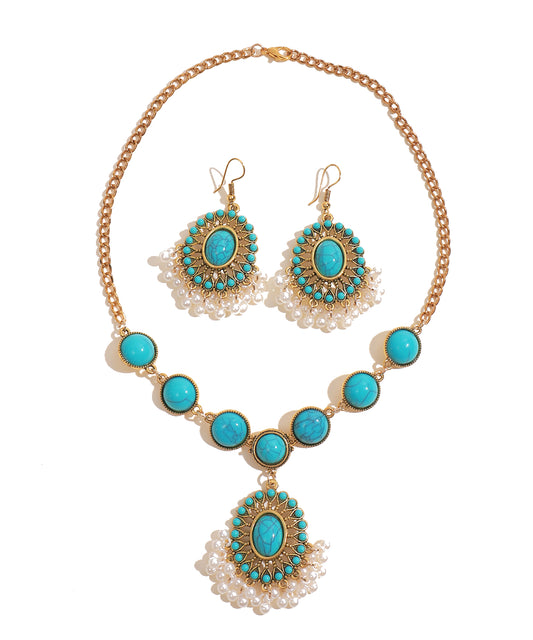 Savanna Rhythms Ethnic Turquoise Necklace with Tassel Pendant and Earrings