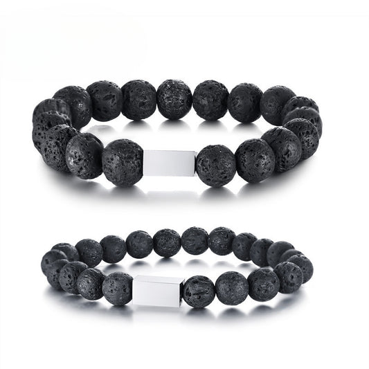 8MM/10MM Volcanic Stone Bracelet with Stainless Steel Square Accessories, Trendy Men's Fashion Bracelet Wholesale for Men