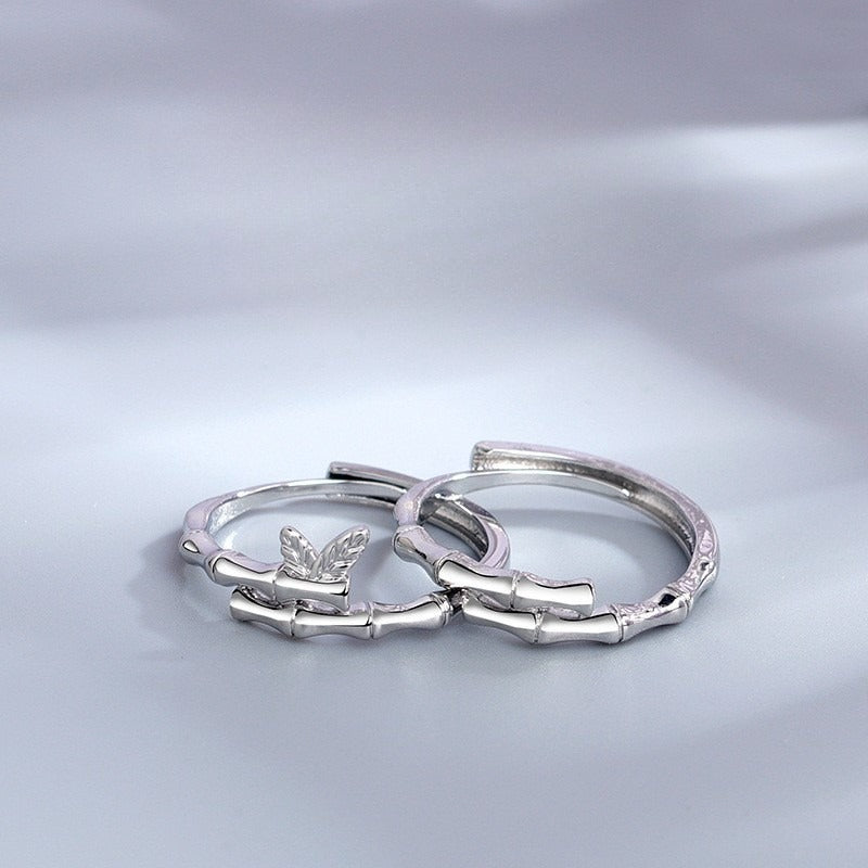 S925 Sterling Silver Bamboo Leaf Couple Ring — Adjustable